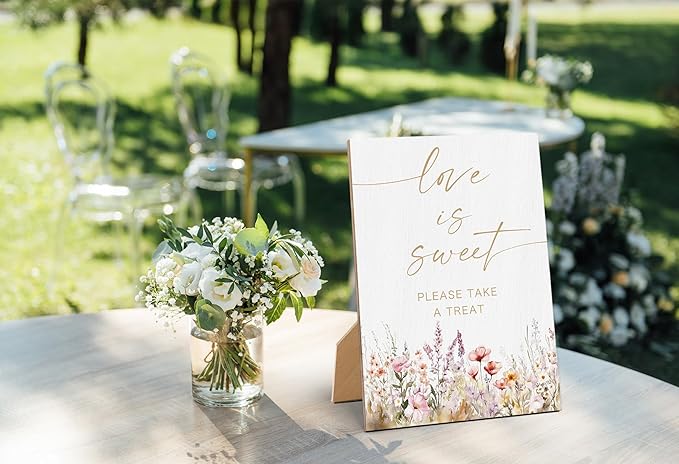 Floral Wedding Love is Sweet Sign, Wedding Reception Table Decorations, Reception Table Wooden Sign with Back Stand for Bridal Shower Parties, Engagement Night Accessories, Anniversary Party, 17