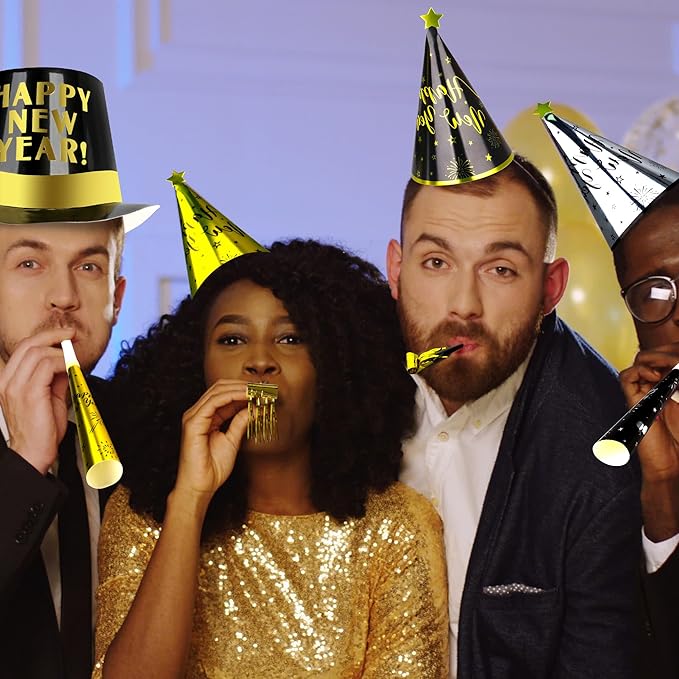 60PCS New Years Eve Party Favors, 30 People New Years Party Hats, Happy Eve Accessories Gold Silver Black, Cardboard Cone Hat Top Party Horn Blowers Tiara Party Supplies Decorations