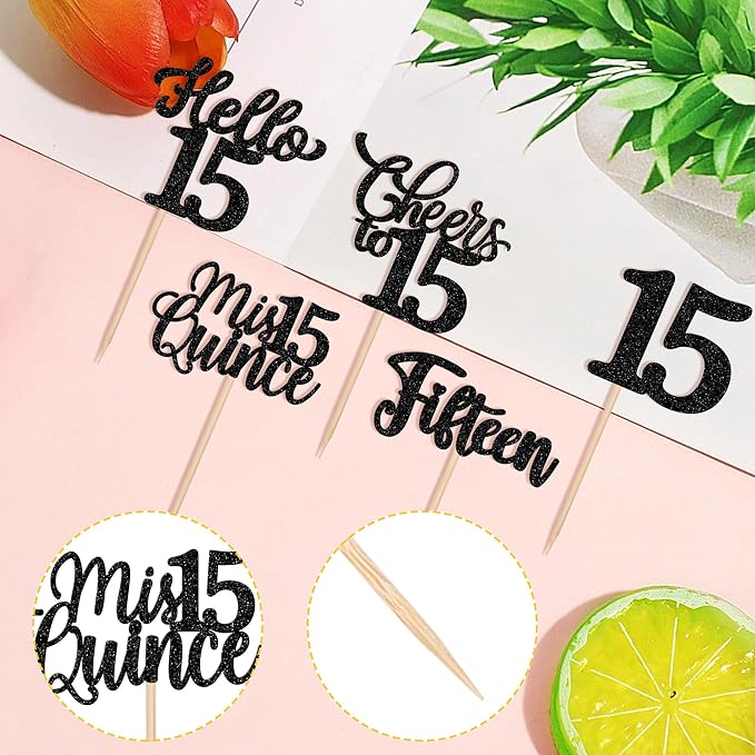 30PCS Happy 15th Birthday Cupcake Toppers Glitter Fifteen Mis Quince Hello 15 Cupcake Picks Cheers to 15 Birthday Decorations for 15th Birthday Anniversary Party Cake Decoration Supplies Black