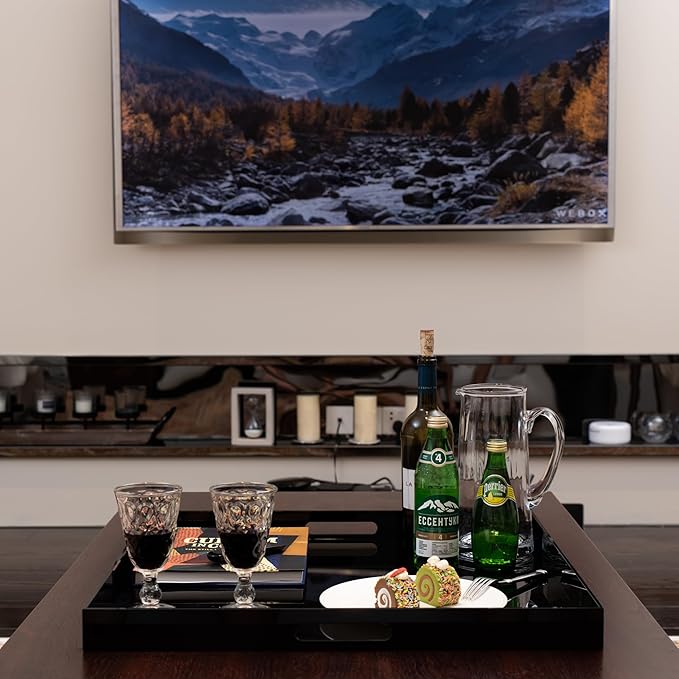 Clear Oversize Acrylic Serving Tray with Handles 24x24 Inch -Spill Proof- Decorative Trays Countertop Organizer for Ottoman,Nightstand, Sidetable, Butler (Glossy Black)