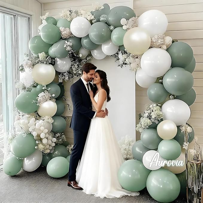 Green White Balloon Garland Double Stuffed Dusty Sage Green White Sand Pearl Balloons Pastel Neutral Balloon Arch Kit for Baby Shower Birthday Wedding Christmas Party Decorations