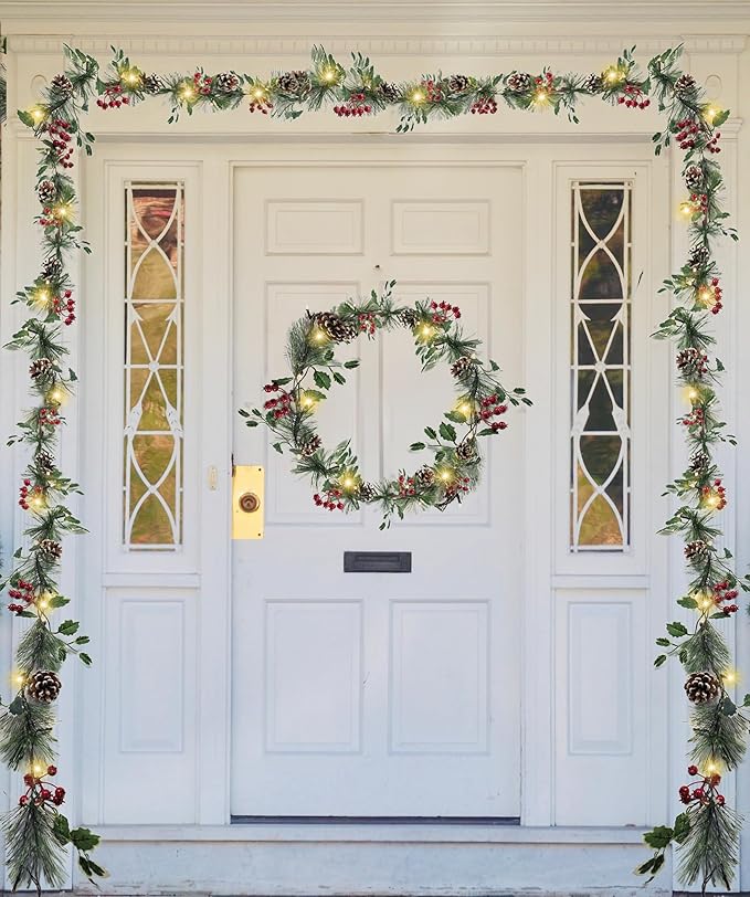 Smokey Pine Garland, Battery Operated Garland with Lights, 6FT Prelit Christmas Garland with Timer, Lighted Holly for Stairs Railing Mantle Fireplace Party Holiday