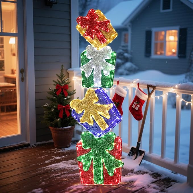 DomKom Set of 4 Flat Stacked Christmas Lighted Gift Boxes 40" Height - 2D Lighted Christmas Boxes with Built-in 200 LEDs & Bows - Indoor/Outdoor Plug-in Holiday Yard Display