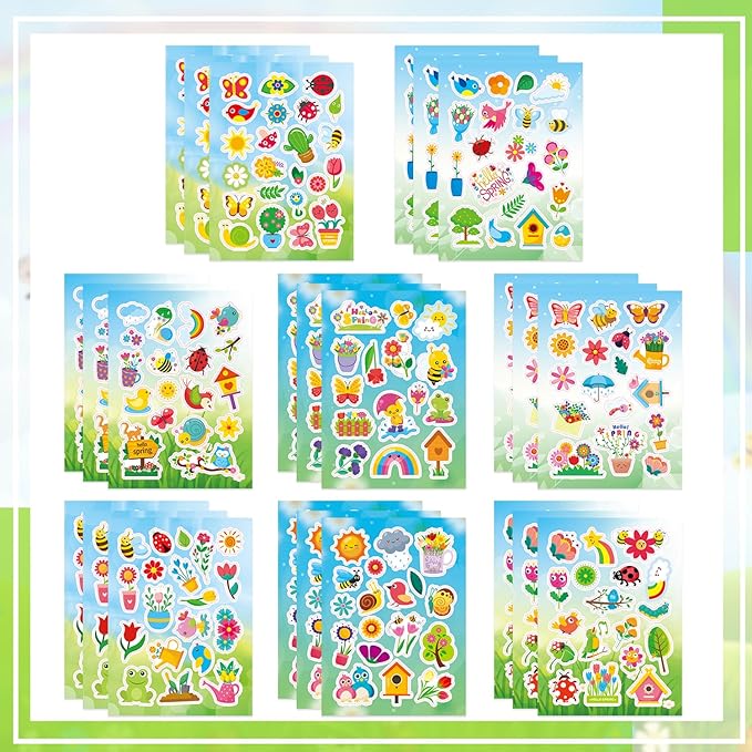 24 Sheets Spring Stickers for Kids, 444 Pcs Spring Garden Flower Stickers Bulk Preschool Sticker Sheets for Reward Craft Scrapbooking Water Bottles Gifts Bags Cards Envelopes Decor