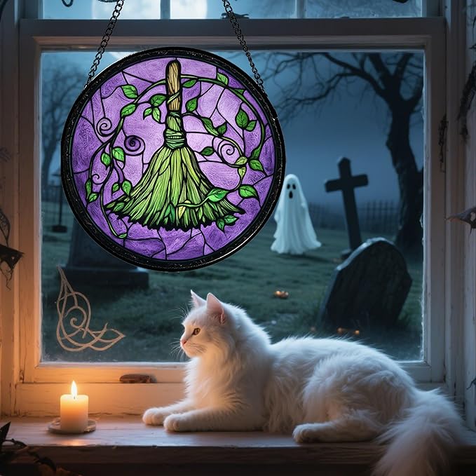 Stained Glass Window Hanging - Halloween Decorations Witch Magic Broom Suncatcher for Doors Garden Indoor Funny Spooky Sun Catchers Gothic Decor Horror Gifts for Women Men Friend 7.8 in