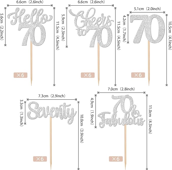 30PCS Happy 70th Birthday Cupcake Toppers Glitter Hello 70 Fabulous Seventy Cheers to 70 Years Old Birthday Cupcake Picks for Happy 70th Birthday Anniversary Party Cake Decorations Supplies Silver