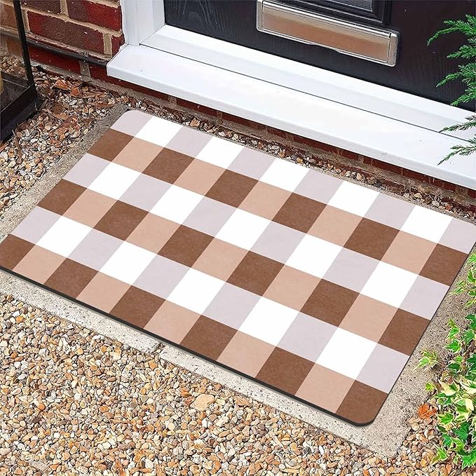 Fall Door Mat Orange and Black Buffalo Plaid Welcome Doormat Farmhouse Floor Mat Non-Slip Entrance Hello Rug Door Rugs for Indoor Outdoor Home Decor, 30"x18"inch