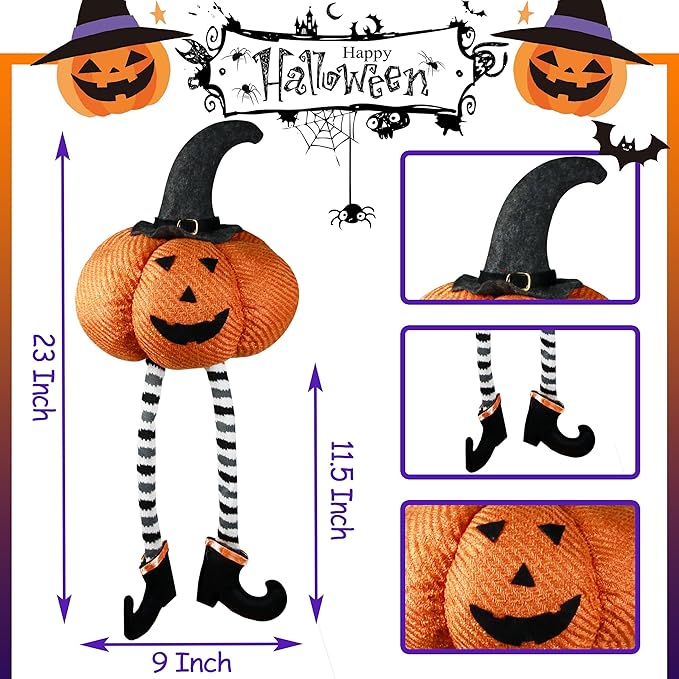 Ogrmar 2 Pcs Halloween Decorations - 23" Stuffed Plushie Pumpkin Doll with Witch Hat and Black Boots for Home Party Table Decor