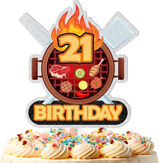 Barbecue Cake Topper 21st Birthday Happy BBQ Sausage Decorations for Men and Women Birthday Party, Summer Outdoor Picnic Party, Anniversary Friends Family Event Gathering Cooking Grill Decoration