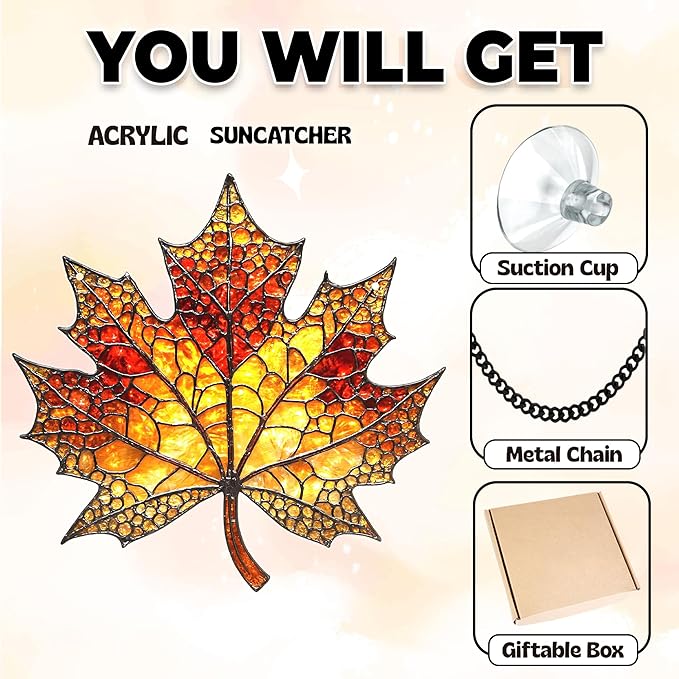 Maple Fall Leaves Suncatcher for Window Hanging, Fall Leaf Decorations, Autumn Leaf Acrylic Ornament, Thanksgiving, Halloween, Christmas, Birthday Gifts for Women, Nature Lovers, Home Decor