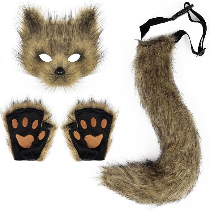 Adolala Faux Fur Fox Tail Cat Wolf Set Plush Mask Fluffy Paw Gloves Halloween Christmas Party for Women