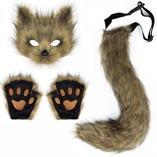 Adolala Faux Fur Fox Tail Cat Wolf Set Plush Mask Fluffy Paw Gloves Halloween Christmas Party for Women