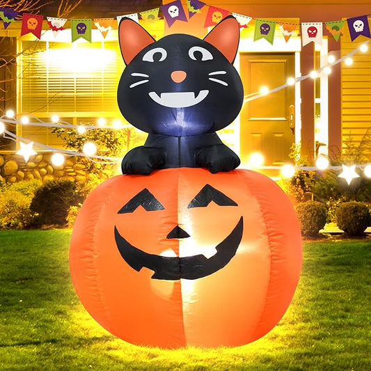 4FT Black Cat Halloween Pumpkin Inflatable Decoration Blow up Decoration with LED Lights Indoor Outdoor Yard Graden Holiday Party Decor