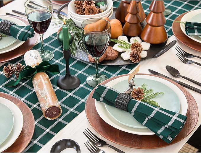 Solino Home Linen Plaid Table Runner 60 Inches - 100% Pure Linen Windowpane Dark Green Short Table Runner 14 x 60 Inch Ideal for Dresser and Coffee Tables - Christmas, Holiday, Xmas, Winter