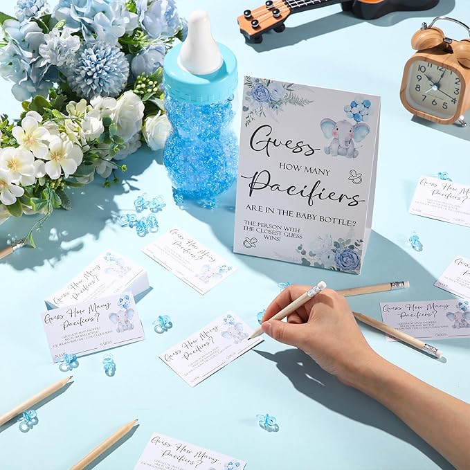Roowest 512 Pcs Baby Shower Games Guess How Many Pacifiers Sign 100 Small Guessing Games 10 HB Pencils 750ml Milk Bottle 400 Acrylic Pacifiers Decoration for Guest Gender Reveal(Blue,Elephant)