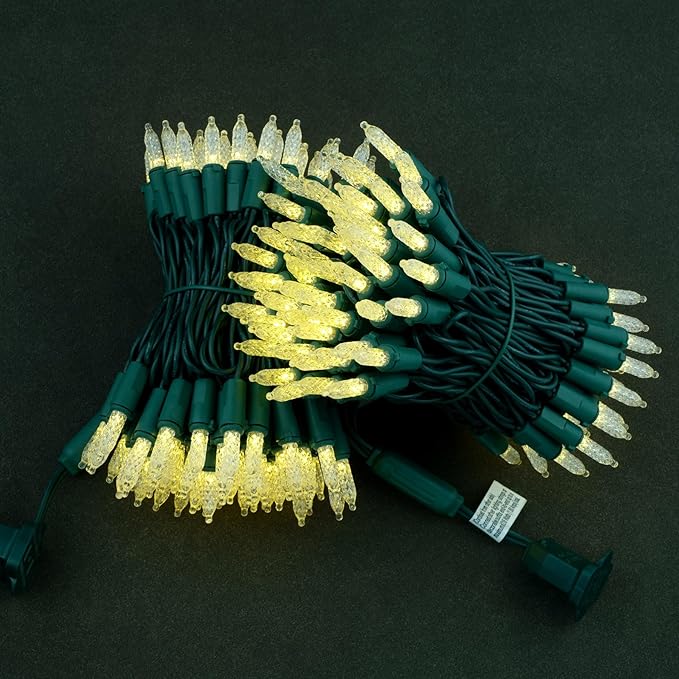 YULETIME Warm White Faceted LED Christmas Lights 200 Count 50 ft, Pack of 2 Strands 25 ft 100 Lights UL Certified Commercial Grade Green Wire Holiday String Light Set (Warm White)