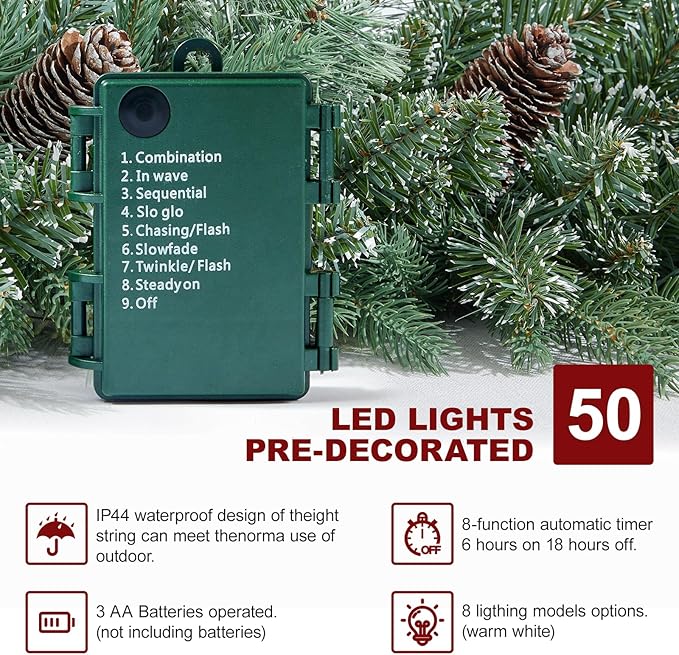 9FT Prelit Christmas Garland Decorations 50 led Snow Christmas Garland with Lights Battery Operated with Timer for Outdoor Indoor, Home Decoration Mantle Stairs Railing Fireplace Outdoor Indoor Door