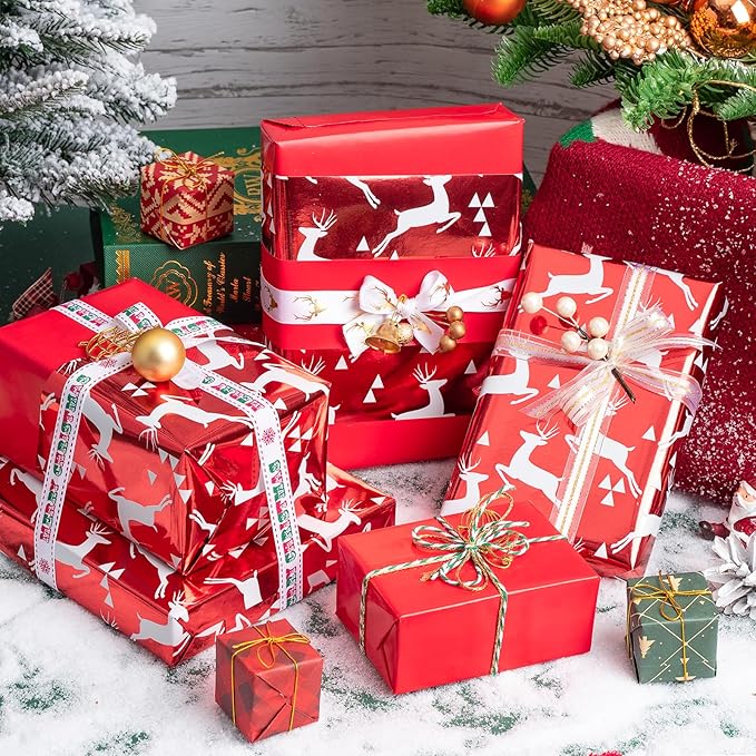 WRAPAHOLIC 30 Inch Jumbo Reversible Red Christmas Wrapping Paper - 30 Inch x 100 Feet Jumbo Roll Reindeer Wrapping Paper and Solid Red Design with Metallic Foil Shine for Christmas, Holiday, Party