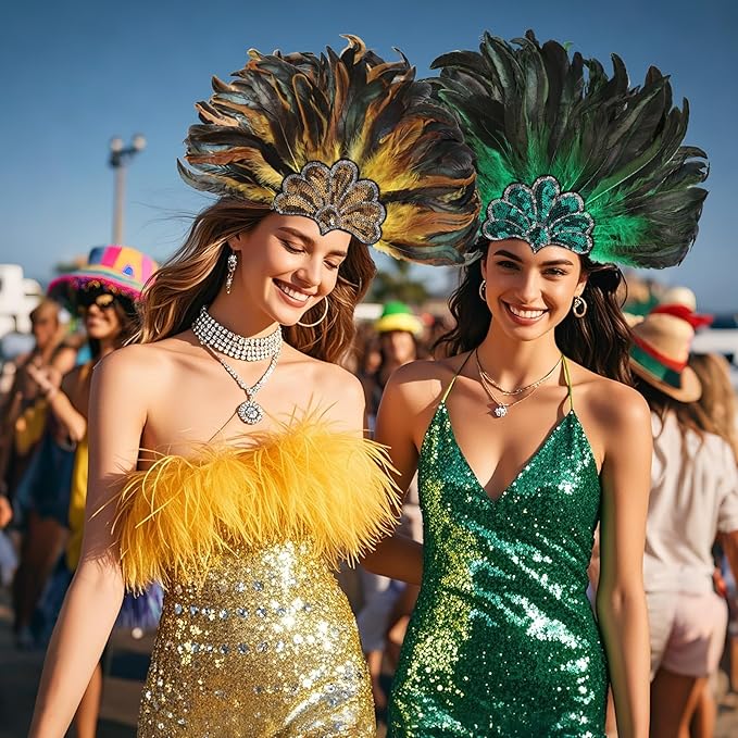 Women's Carnival Feather Headpieces Sequin Headdress for Wedding Masquerade Party Cosplay Feather Headbands