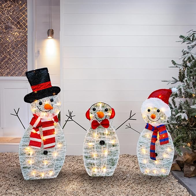 Dazzle Bright Christmas Lighted Snowman Family Outdoor Decoration, 55 L 3-Piece Waterproof Plug in 2D Snowman for Yard Patio Lawn Garden Party Decor 20.5X9X29.5Inch-Large (Warm White)