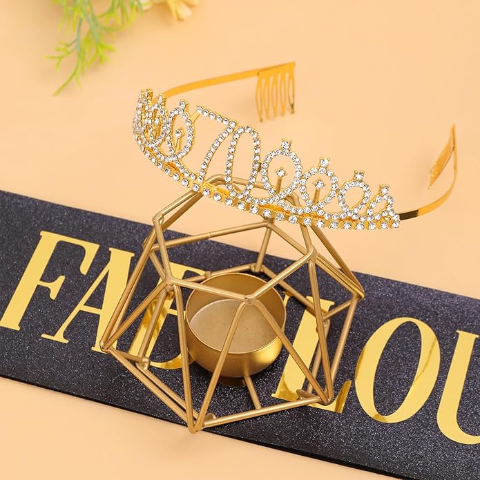 "70 & Fabulous"Sash & Rhinestone Tiara Set, Black Gold 70th Birthday Gifts for Women, Birthday Sash/Tiara for Women's 70th Birthday Party Decoration (Black 70th)