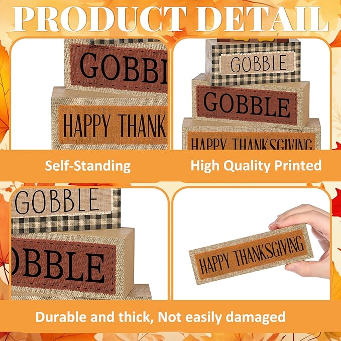 4 Pcs Thanksgiving Table Decorations Wooden Turkey Decor Thanksgiving Tiered Tray Decor Fall Centerpiece Rustic Wood Turkey Block Sign for Gobble Harvest Party Home Kitchen Decorations