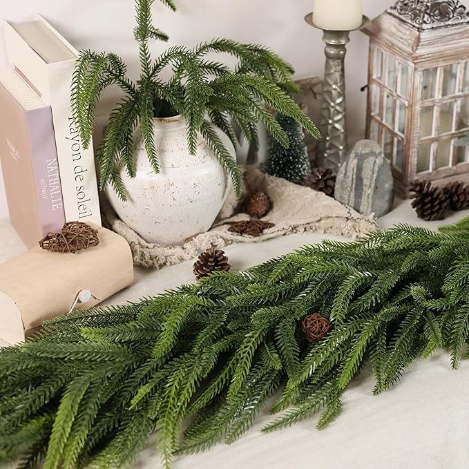 Christmas Norfolk Pine Garlands - 9ft Artificial Garland Faux Green Fake Pine Needles Garland for Fireplace,Table,Window,Stairs,Mante,Holiday Indoor Outdoor Xmas Decor(1PCS)
