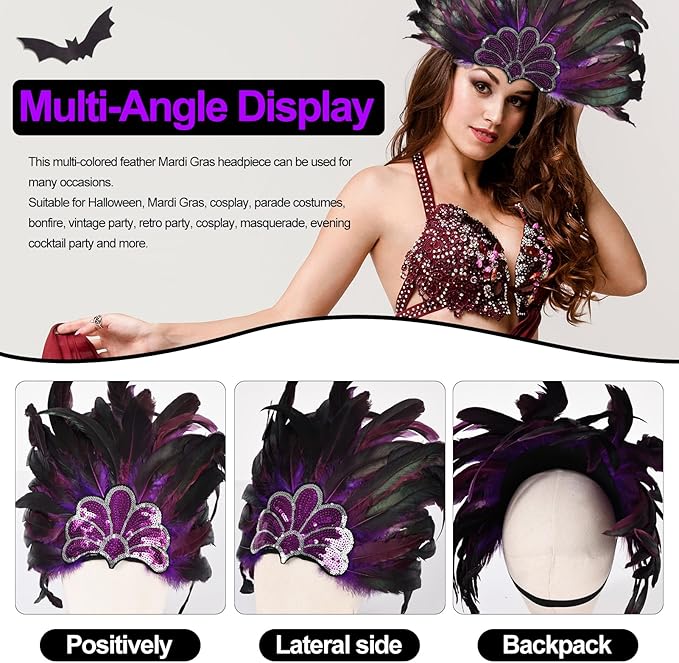 Women's Carnival Feather Headpieces Sequin Headdress for Wedding Masquerade Party Cosplay Feather Headbands