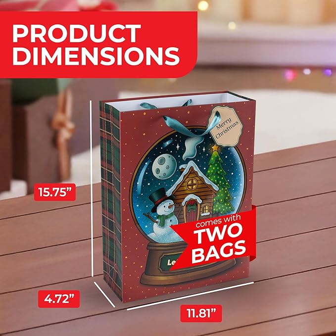 RACHELLE'S Snow Globe Christmas Gift Bags – Large 16"x12"x5" (2-Pack) – Sturdy Paper Gift Bags with Tissue Paper, Tag and Handle – Let It Snow – Perfect for Christmas Holiday Gifting & Party Favors