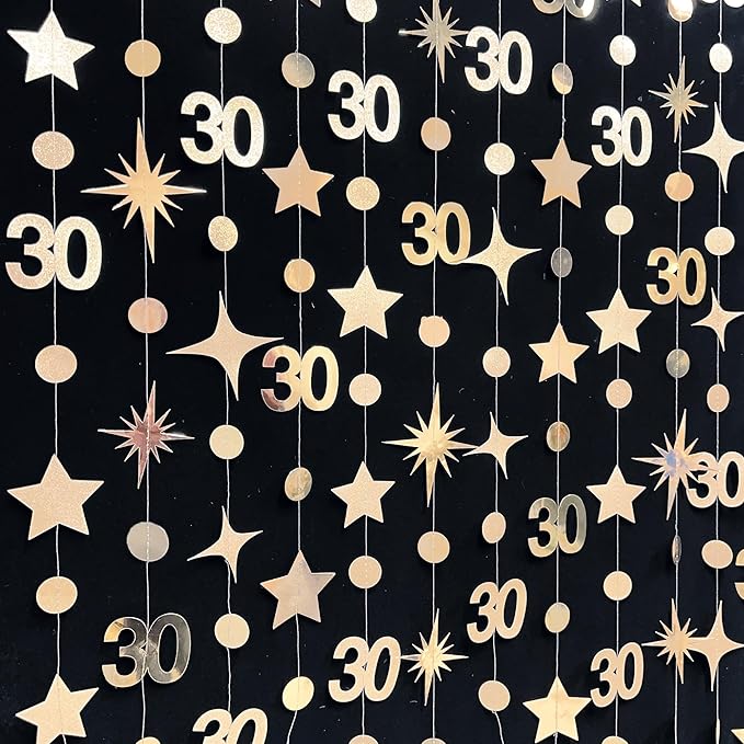 Champagne Gold 30th Birthday Decorations Number 30 Circle Dot Twinkle Star Garland Streamer Banner Backdrop for Womens Cheers to 30 Years Old Dirty Thirty Happy 30th Anniversary Party Supplies