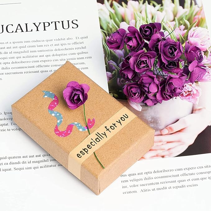 144pcs Mulberry Paper Mini Roses Artificial Flowers Heads with Stems for DIY Crafts Accessories Make Bridal Hair Clips Headbands Dress Wedding Bridal Bouquet Party Decor Valentine's (Light Purple)