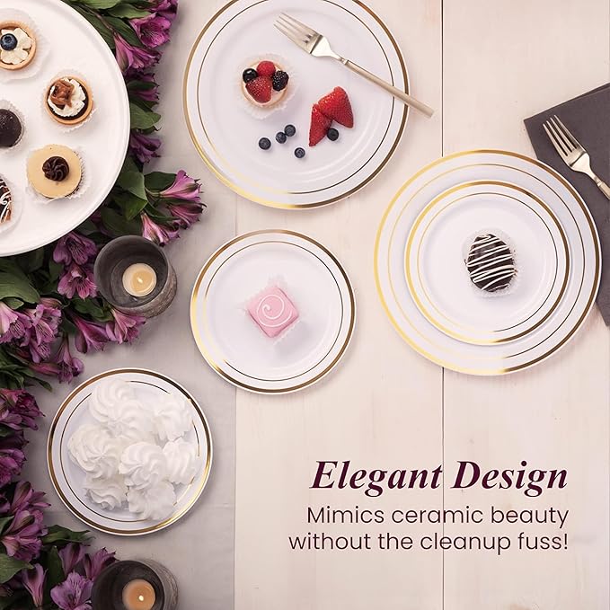 Aya's 60 Gold Rimmed Plastic Plates for Party, Heavy Duty Disposable Set of 30 Dinner and 30 Dessert Plates, Elegant Fancy Design for Weddings, Parties, and Special Events