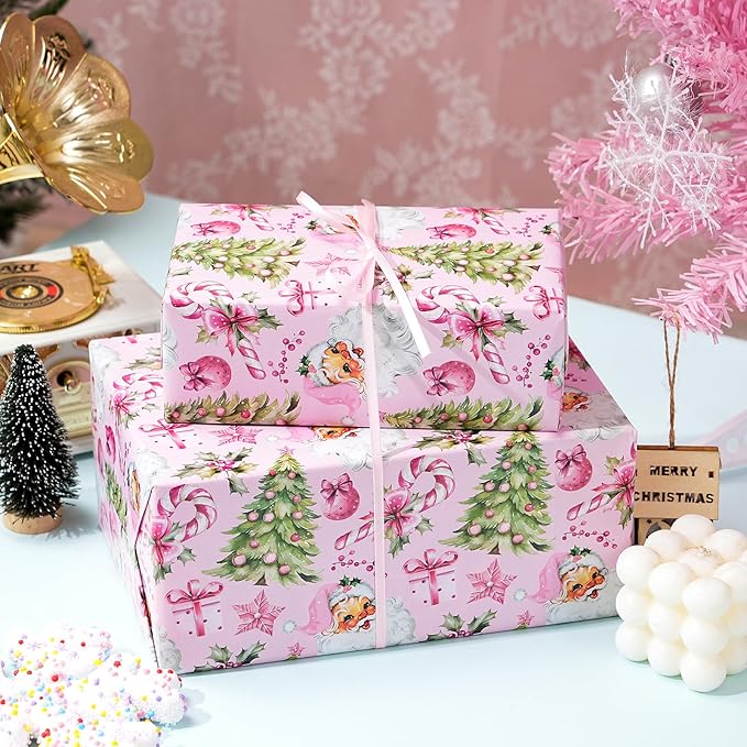 PlandRichW Pink Christmas Wrapping Paper - Vintage Watercolor Santa with Gingerbread, Candy Canes & Bows - 40×28 Inch Xmas Gift Wrap, 4 Folded Sheets for Kids & Adults