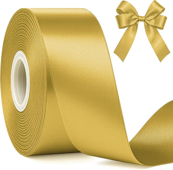 Fullive Champagne Gold Ribbon, 30 Yards Satin Ribbon 1 1/2 Inch, Polyester Satin Christmas Ribbon for Wedding Xmas Tree Graduate New Years Decorations DIY Bows Bouquet Gift Wrapping Christmas Favors