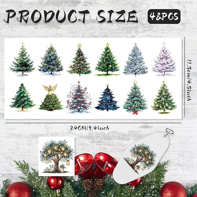 UV DTF Keychain Sticker,48 Sheets Colorful Christmas Tree Waterproof and Scratch Resistant Vinyl Sticker Suitable for School Themes, Hotel Keychain