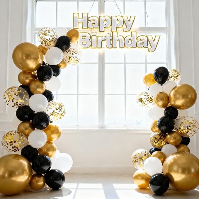 Black White Gold Confetti Balloons Garland Kit, 66Pcs 12 Inch Latex Party Balloons with Metallic Ribbons for Elegant Birthday Wedding Baby Shower Graduation Arch Decorations