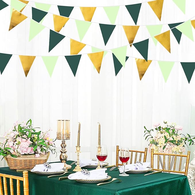 32Ft Dark Green and Gold Decorations Olive Green and Gold Triangle Flag Fabric Banner Pennant Bunting Garland Streamers for Wedding Baby Shower Birthday Home Nursery Outdoor Garden Party Decoration