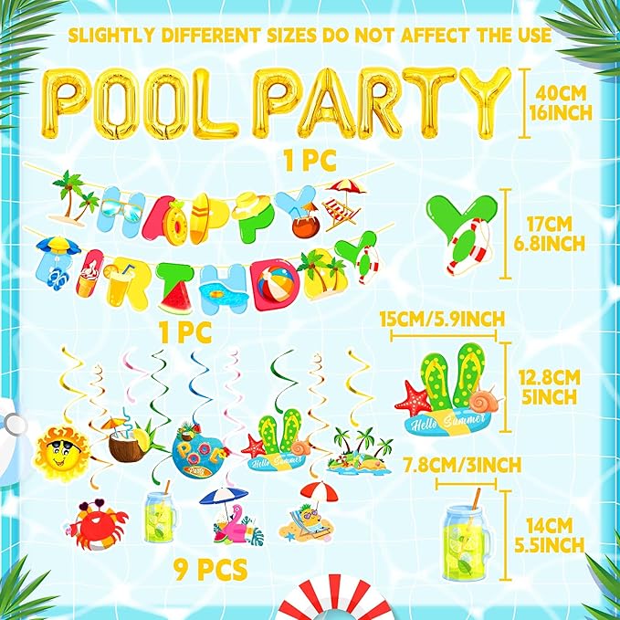 Summer Pool Beach Party Decoration, Pool Party Birthday Bash Party Decorations Tropical Balloons Banner for Kids Swimming Water Luau Tropical Hawaii Party Decoration Supplies
