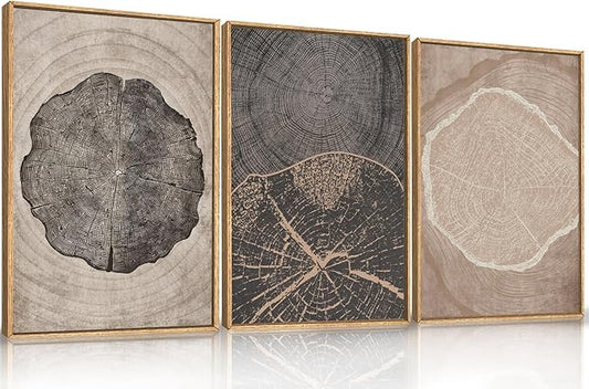 HOURIA Neutral Brown Tree Rings Framed Canvas Wall Art Set,Modern Beige Tan Wood Stump Wall Decor,Vintage Abstract Tree Spiral Art Print,Nature Black Artwork for Living Room,Bedroom,Office- 24"x36"x3