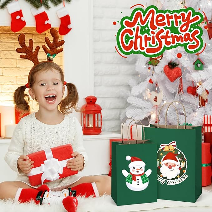 BagDream Forest Green Gift Bags with Handles 8x4.25x10.5 Inch 25Pcs Medium Kraft Paper Bags for Christmas, Thanksgiving, Craft, Party Favors, Retail, Grocery, Recyclable Paper Sacks