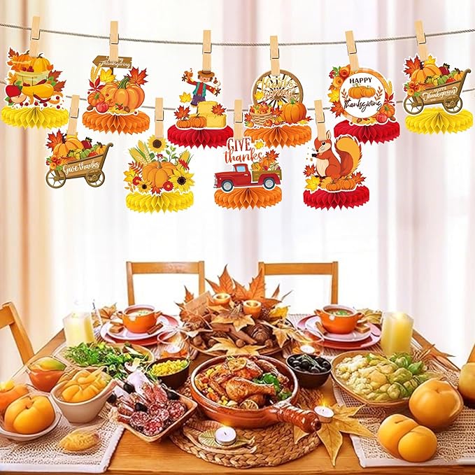 9PCS Thanksgiving Honeycomb Centerpiece Turkey Pumpkin Maple Leaves Honeycomb Thanksgiving Table Centerpiece for Thanksgiving Table Decoration Fall Autumn Theme Birthday Party Supplies