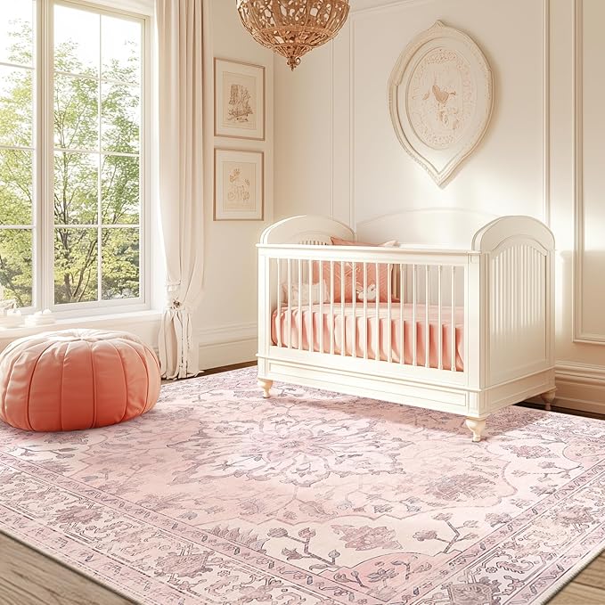 Area Rugs 5'x8' Washable Non-Slip, Floral Vintage Distress Print Pattern Medallion Carpet for Living Room Bedroom Dining Room, Pink Greypink Cute