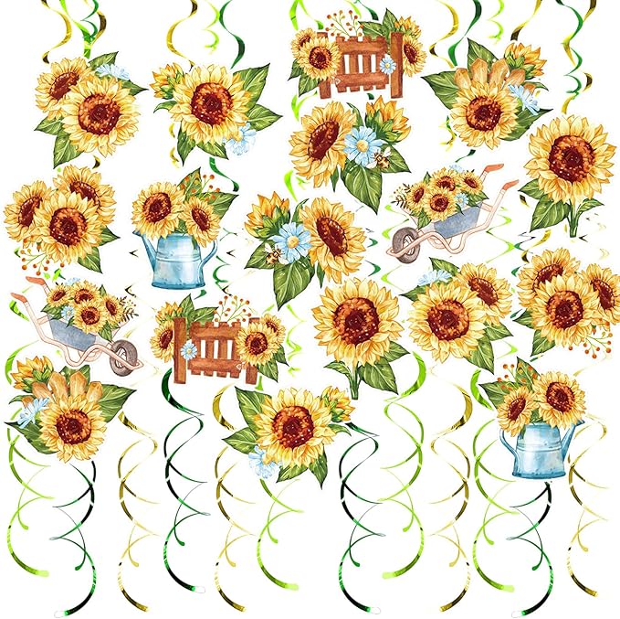 Sunflower Party Hanging Swirls, 48 Pcs,Rustic Horticulture Garden Party Decoration Sign,Flower Theme Party Supplies for Birthday,Baby Shower, Wedding,Yellow Black Green