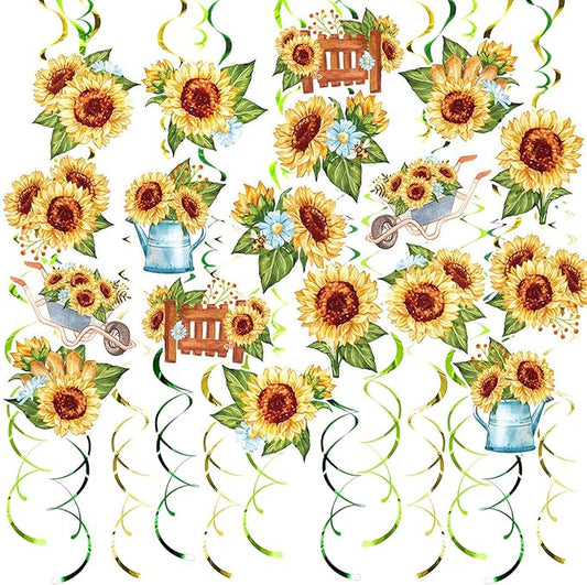 Sunflower Party Hanging Swirls, 48 Pcs,Rustic Horticulture Garden Party Decoration Sign,Flower Theme Party Supplies for Birthday,Baby Shower, Wedding,Yellow Black Green