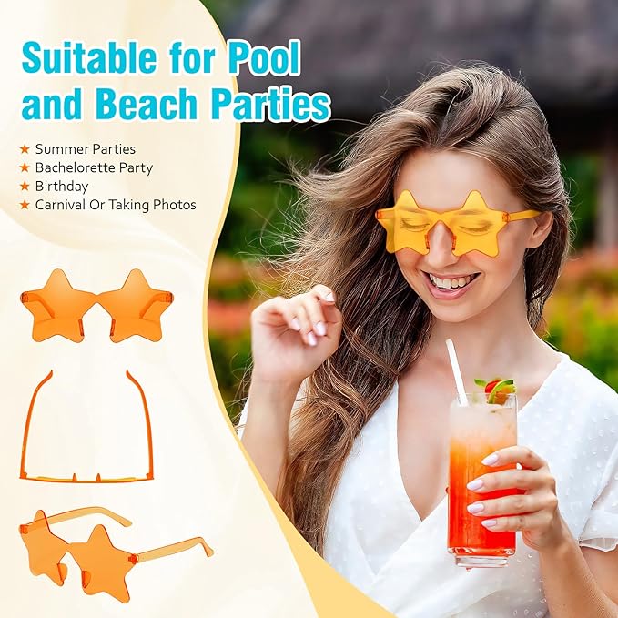 Pibupibu 24 Pack Star/Heart/Butterfly/Flame Sunglasses Bulk, Rimless Fun Colorful Sunglasses for Women Party Favors