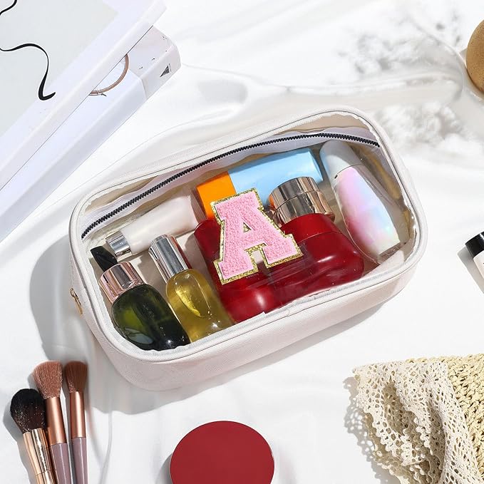 YOOLIFE Initial Make Up Bag Travel Toiletry Bag, Clear Makeup Bag Preppy Cosmetic Bags Organizer Travel Essentials Gifts for Women Teen Girlfriend Teacher Mom Brithday Mothers Day Gifts, Large, White
