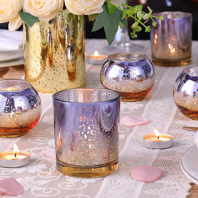 Volens 30pcs Assorted Purple Votive Candle Holders Bulk, Large Mercury Glass Votive for Wedding Table Centerpieces, Purple and Gold Themed Party Decorations and Home Decor