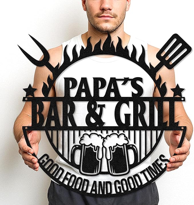 Custom BBQ Grill Metal Sign Personalized Name Wall Art for Outdoor Barbecue Patio Kitchen Backyard Decor Gift for Dad Husband Men Papa Grandpa Father Grilling Enthusiasts Family Lover Funny Gifts 02