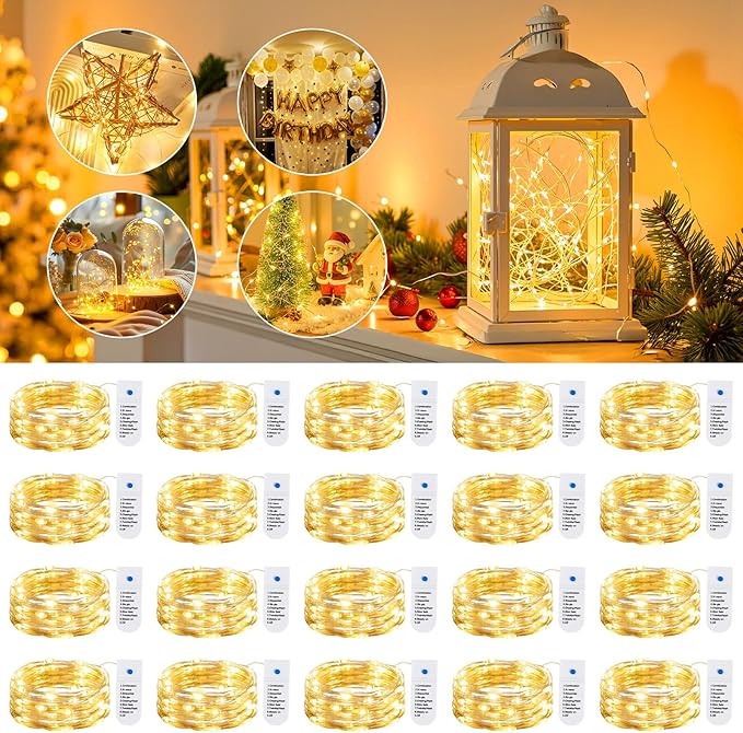 Minetom 20 Pack Fairy Lights Battery Operated String Lights, 8 Modes & Timer, 7ft 20LED Warm White Waterproof Silver Wire Twinkle Lights, Firefly Starry Moon Lights for Mason DIY Christmas Wedding