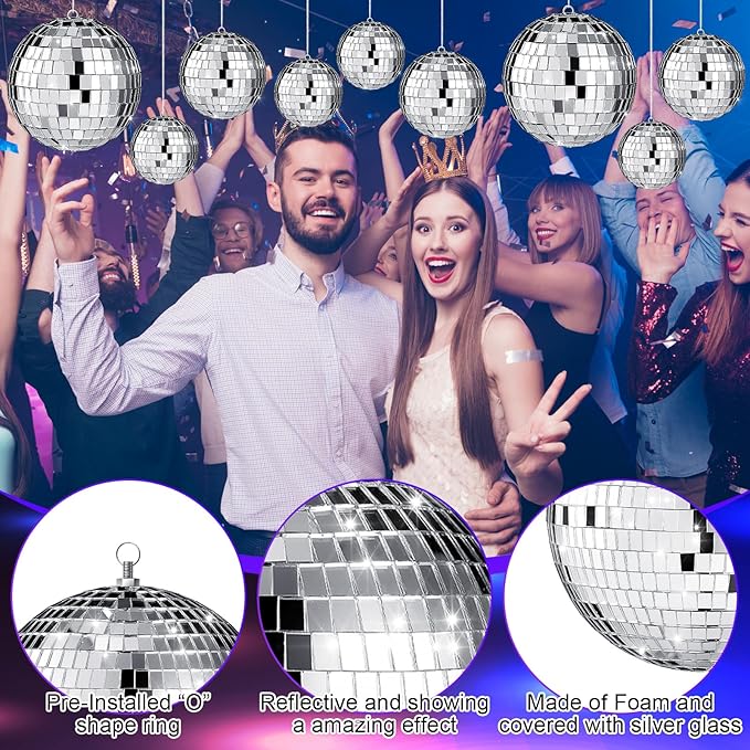 65 Pcs Disco Balls Decorations Assorted Size Disco Ball Ornament Reflective Hanging Mirror Ball Mini Large Silver Balls for Christmas Party Wedding Dance Ballroom Stage(8/6/ 4/2/ 1.2 in)